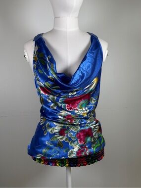 Vintage y2k Desigual Royal Blue Floral Satin Cowl Neck Camisole